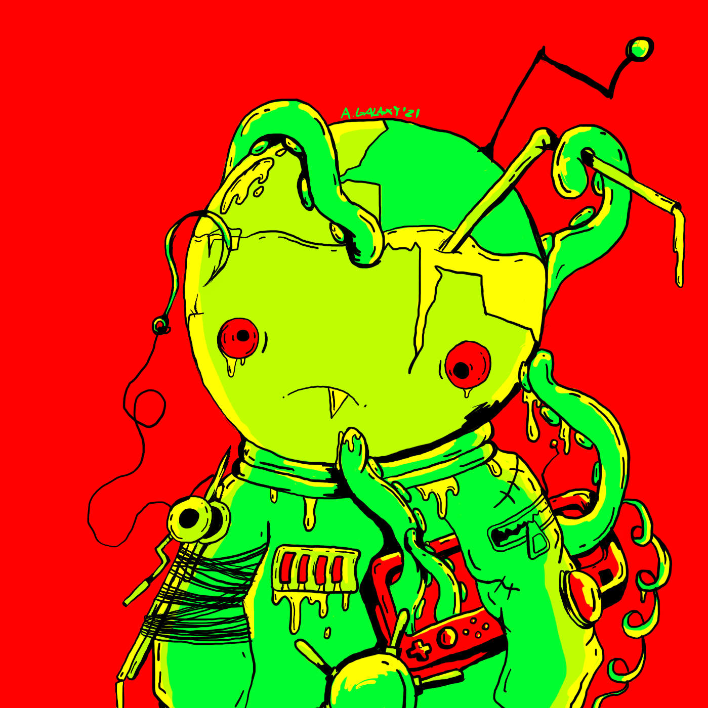 Image Description: An astronaut, in a bright green space suit stands in front of a red background. Their antenna is bent twice in sharp angles. The helmet is a translucent lighter green. There is a large crack in the helmet revealing that the liquid inside is yellow. There is a straw poking in it, with some of the fluid leaking out of it. The astronaut has two bulging red eyes, looking in different slightly directions, with leaking the fluid. The astronaut is frowning, dimpled, with a single sharp tooth visible. The spacesuit is leaking out of the bottom of the helmet. There is the dial of a submarine hatch on the front of it. There is a leaking vent over the heart area. The suit has a zipper, a stitch, and a red button on its arms. The astronaut has a red video game console tucked under one arm with a spiral cord attached to it. There is also a fishing pole wrapped around the other arm, the hook being caught in the helmet. Four tentacles are peaking from behind the astronaut and out of the console. 

            The colour palette is red, bright green, lime green and yellow. The outline is a solid Black.